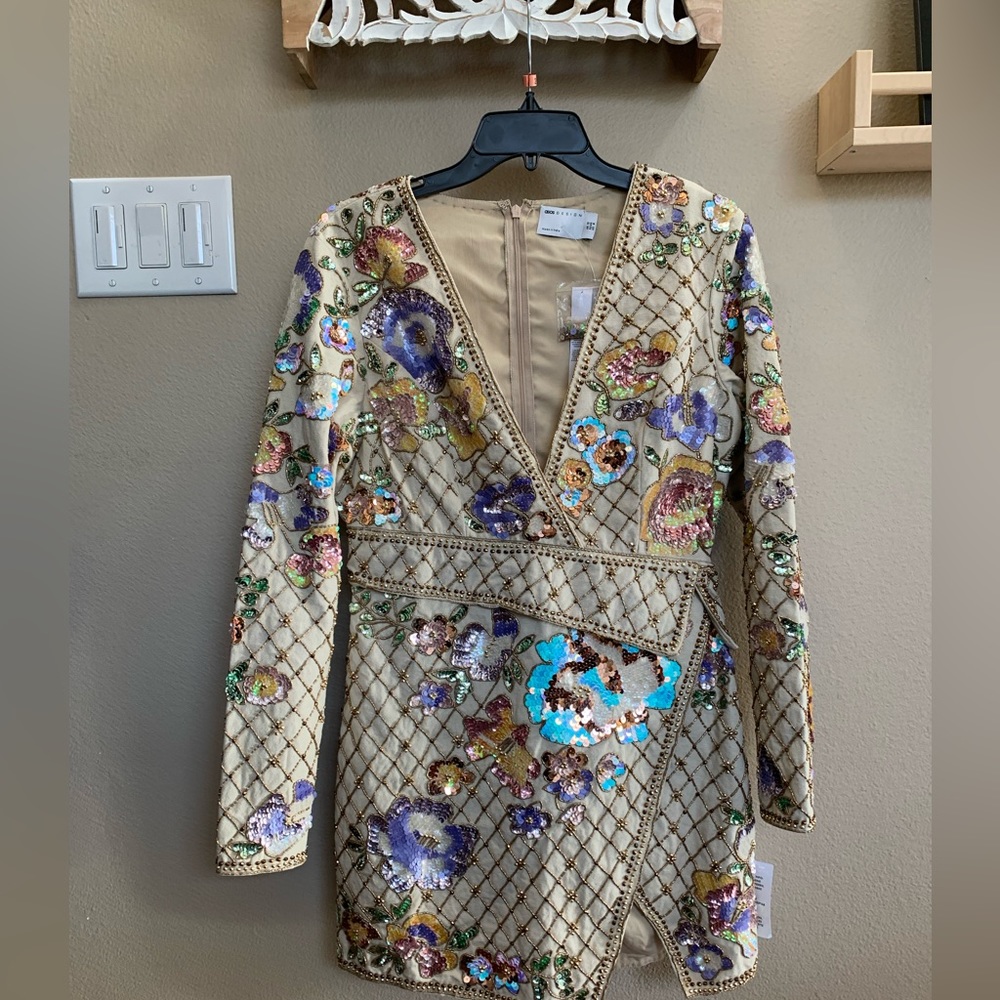 ASOS DESIGN Structured twill mini dress with Art Nouveau embellishment